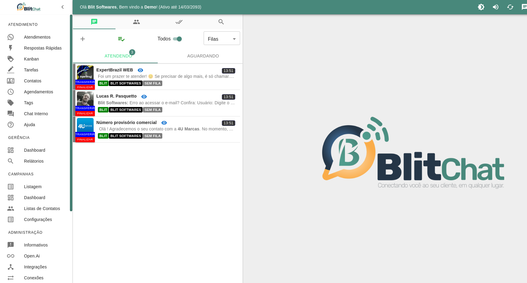 Interface do Blitchat - Sistema de atendimento multicanal